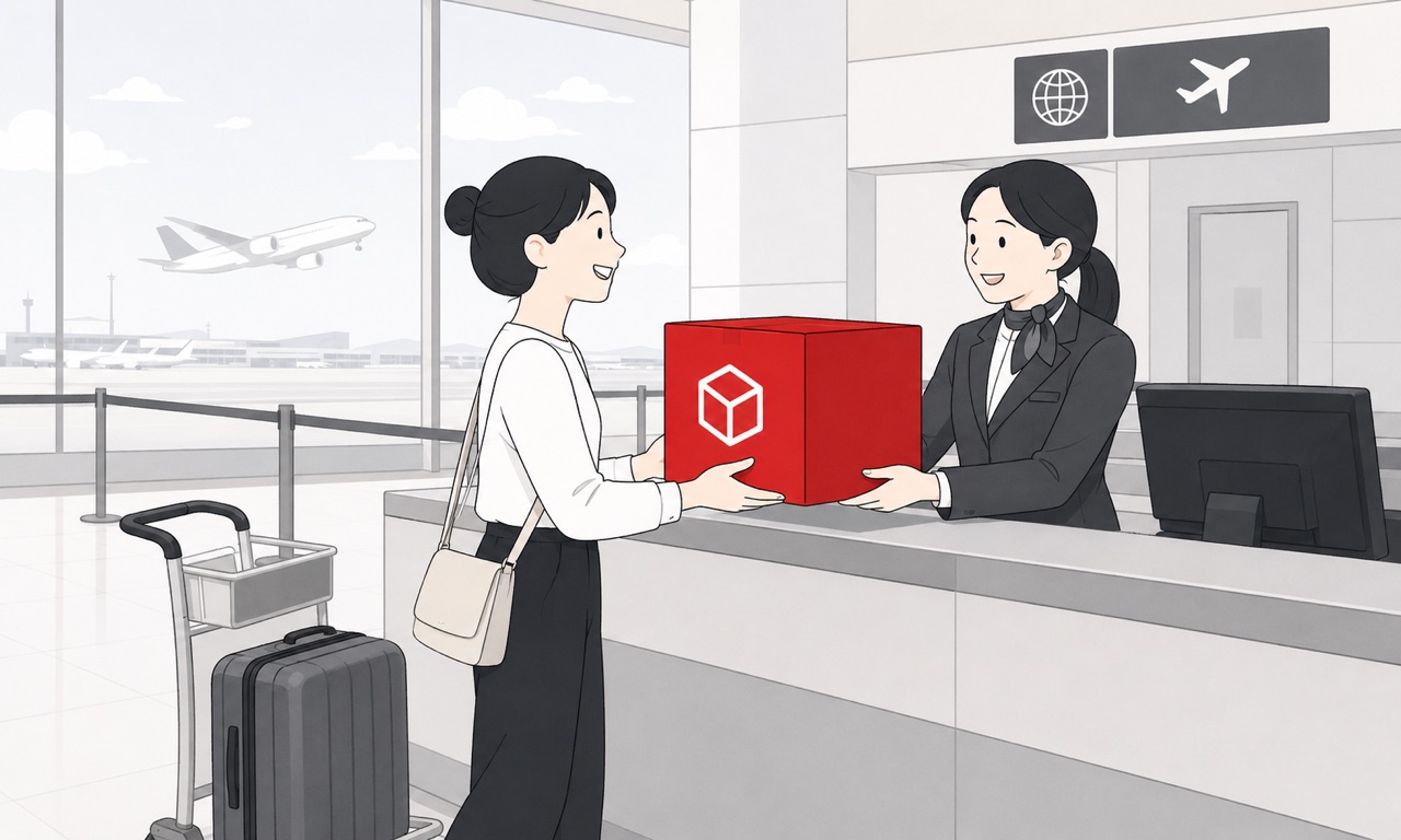 空港カウンターで BondEx の箱を受け取る旅行者
